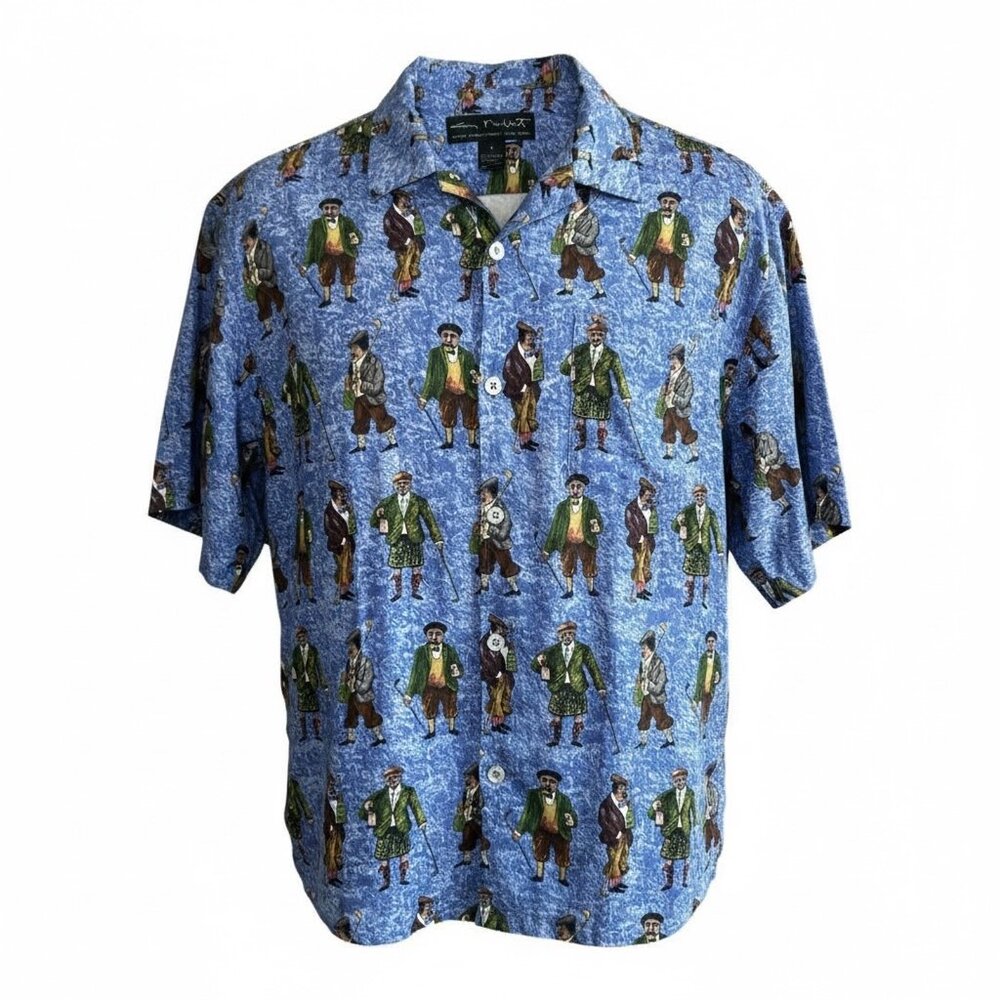 Guy Buffet Collection Men's Blue Golf Print 100% Silk Shirt Size L